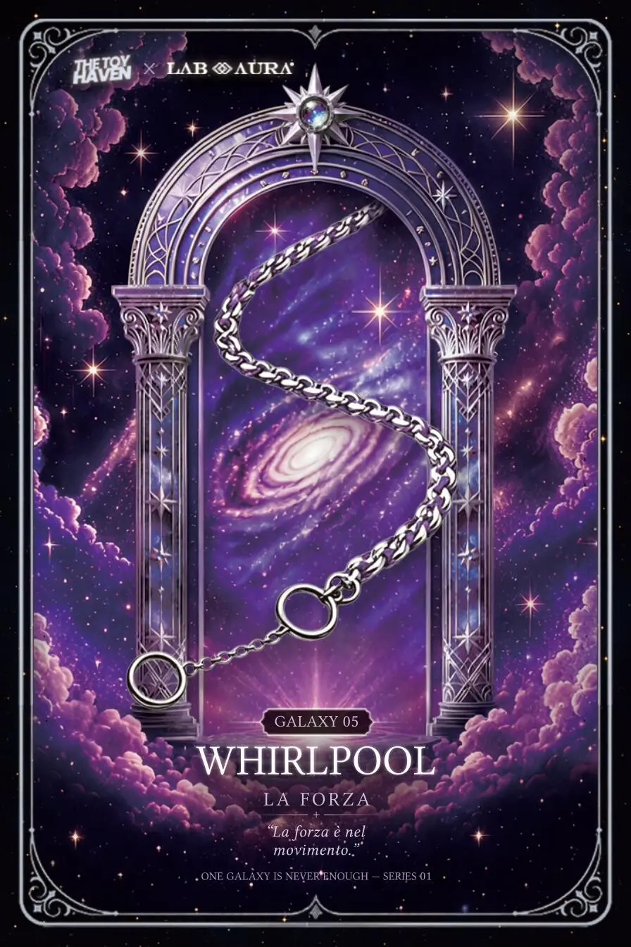 Card ufficiale Galaxy 05 Whirlpool – La Forza: portale celeste viola e ametista con bracciale tra due spirali interagenti.
